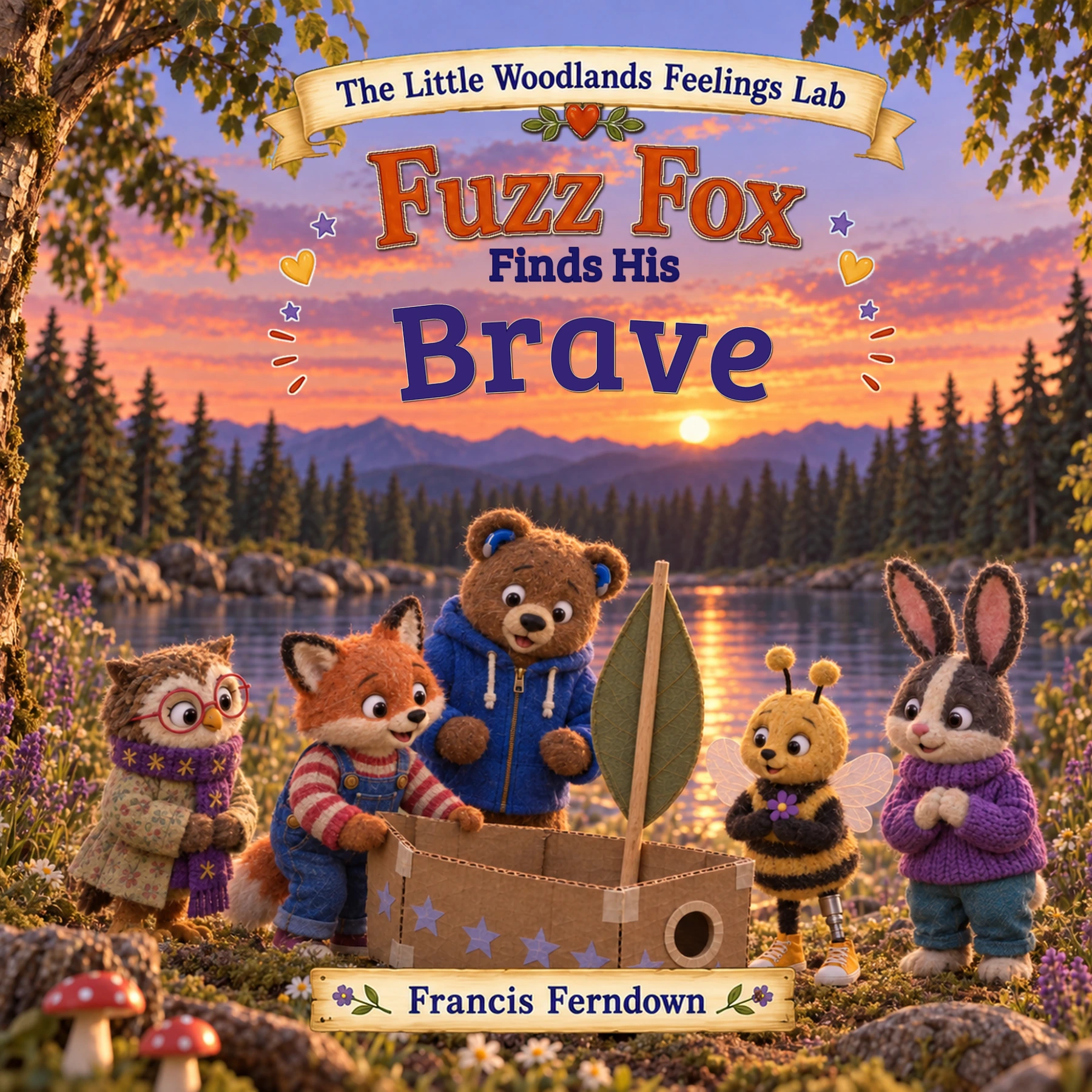 Cover of the stitched-puppet edition of Fuzz Fox Finds His Brave by Francis Ferndown, showing Fuzz and his woodland friends gathered around their cardboard moonboat at sunset