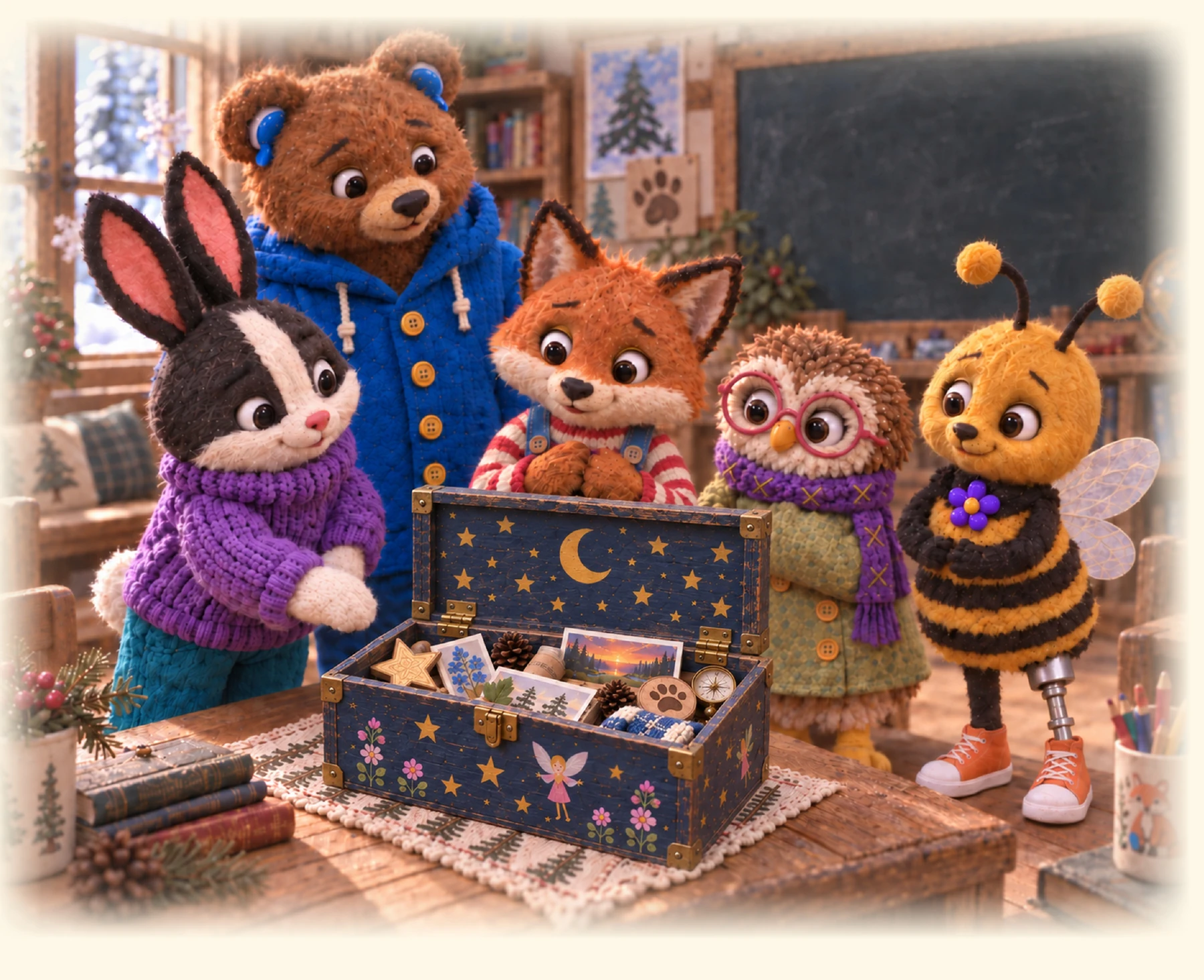 Fuzz and his friends making space for memories beside a blue memory box