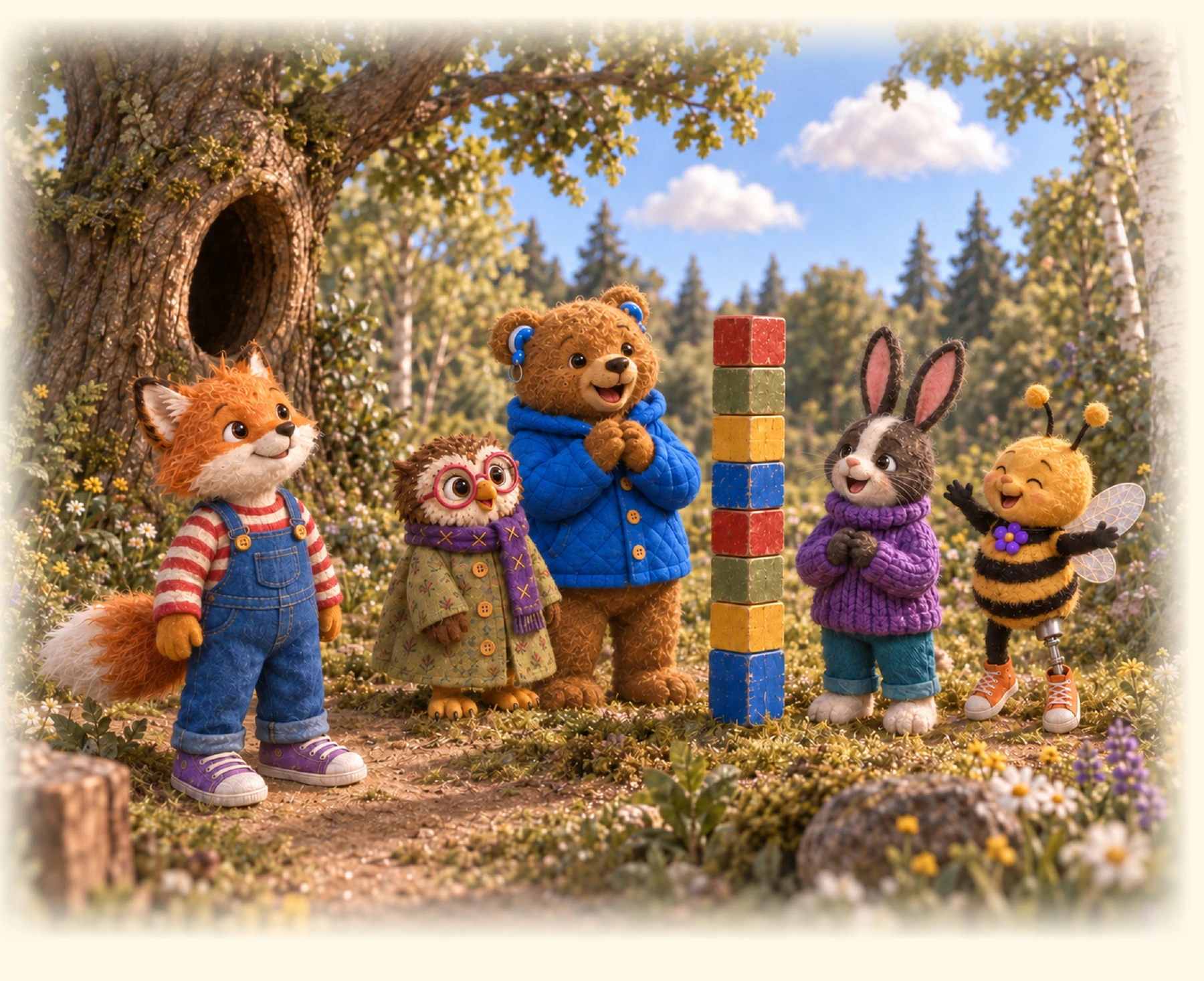 Fuzz, Berty, Olive, Roux and Belle together in the warm stitched-puppet woodland