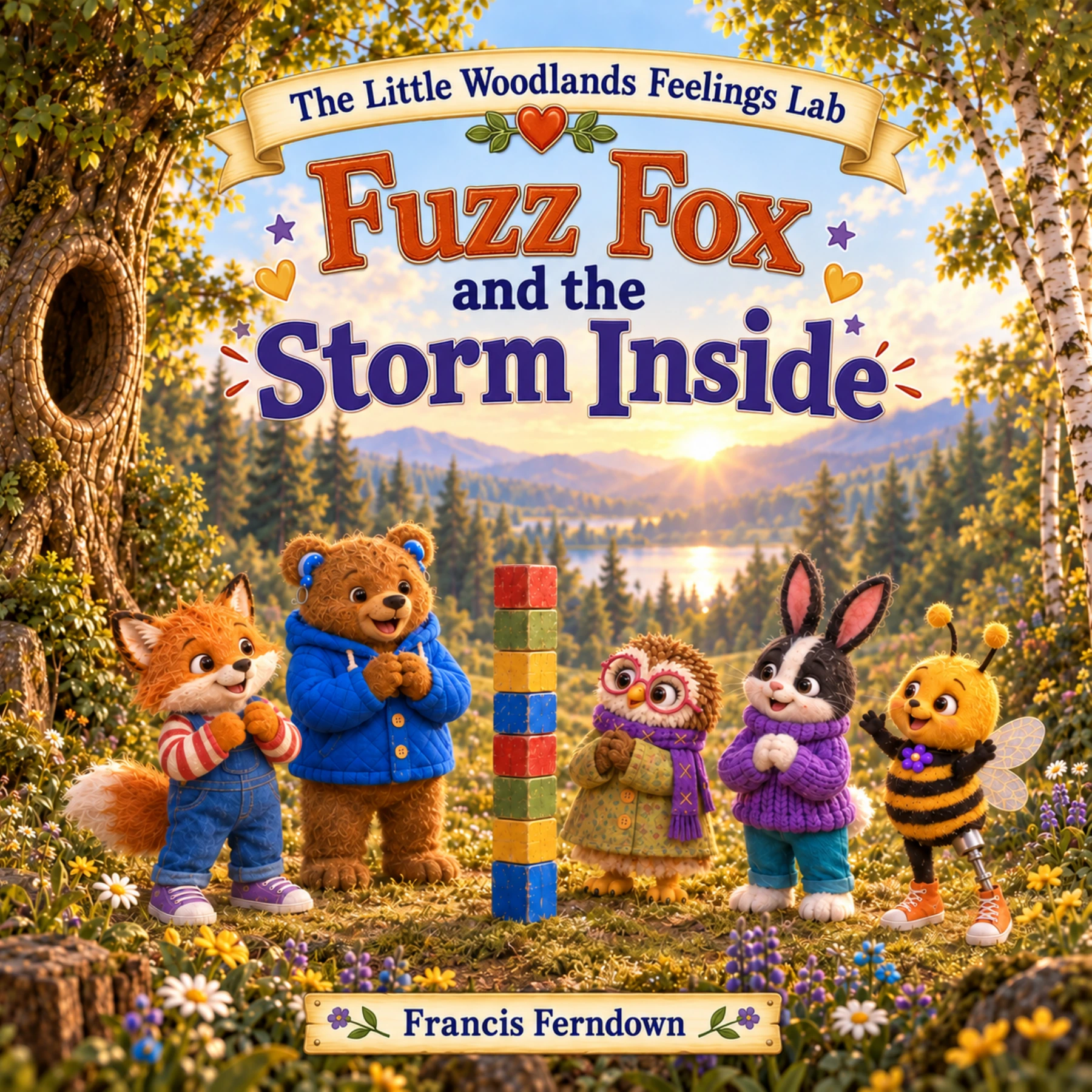 Cover of the puppet edition of Fuzz Fox and the Storm Inside by Francis Ferndown, showing Fuzz and his woodland friends beside their block tower