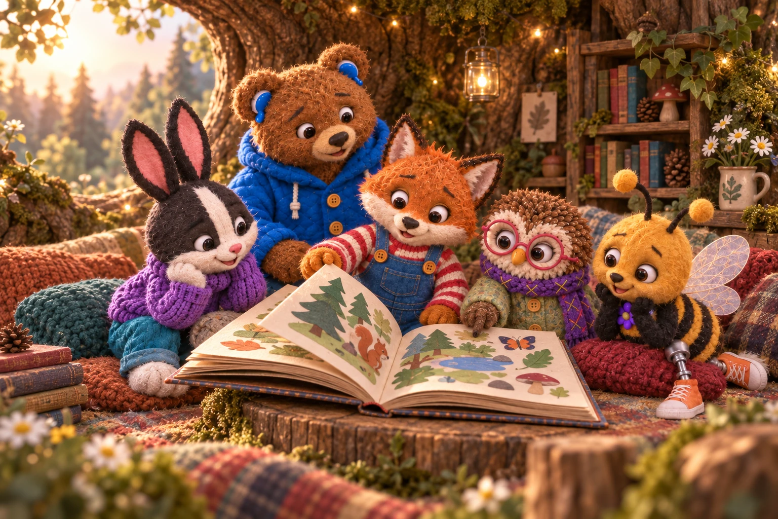 Fuzz and his friends gathered around an open storybook in a cosy stitched-puppet woodland nook