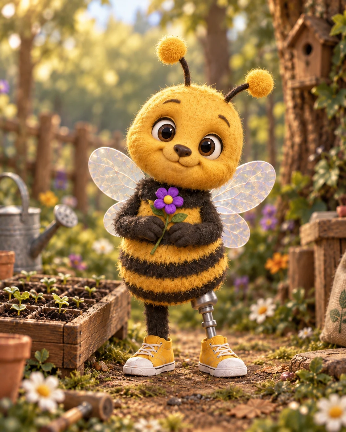 Belle, a handcrafted yellow-and-black bee puppet in a miniature flower garden, with translucent wings, yellow shoes and her silver prosthetic leg visible