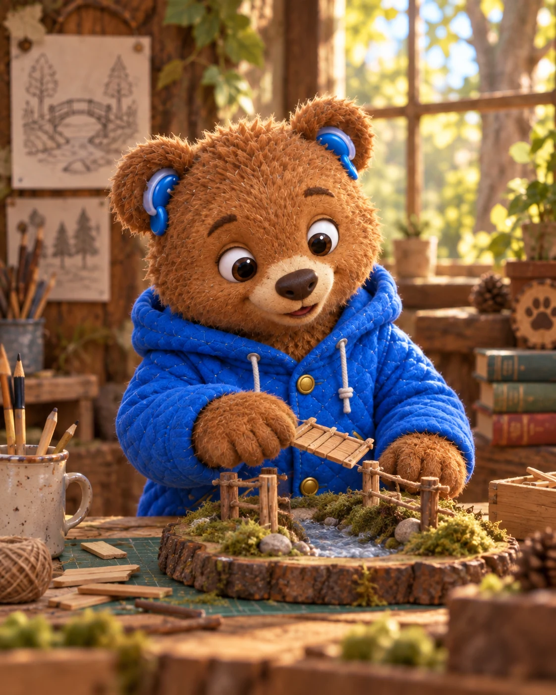 Berty Bear, a handcrafted brown bear puppet in a blue jacket with both blue hearing aids visible, building a tiny woodland bridge