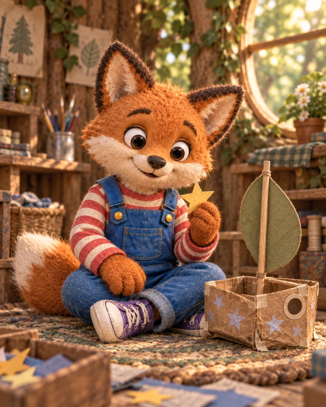 Fuzz Fox, a handcrafted orange fox puppet in blue dungarees and a striped top, holding a golden paper star beside his cardboard moonboat