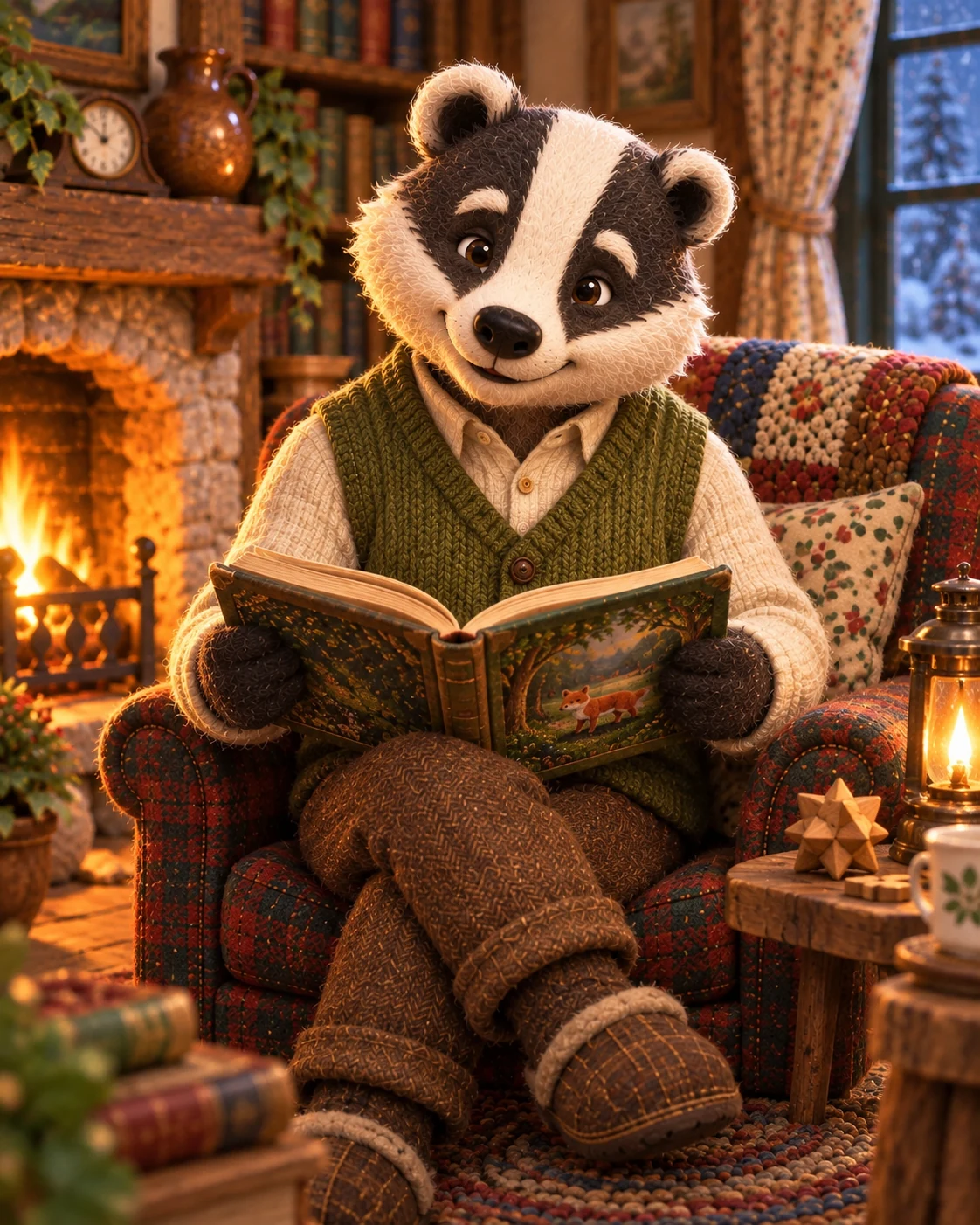Grandpa Badger, a handcrafted badger puppet in a cream shirt and green knitted waistcoat, sharing a story beside a miniature woodland fire