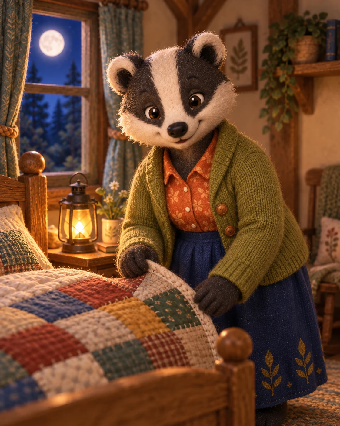 Meg, Fuzz’s handcrafted badger guardian puppet in an orange blouse and green cardigan, sitting beside a patchwork quilt and warm lantern