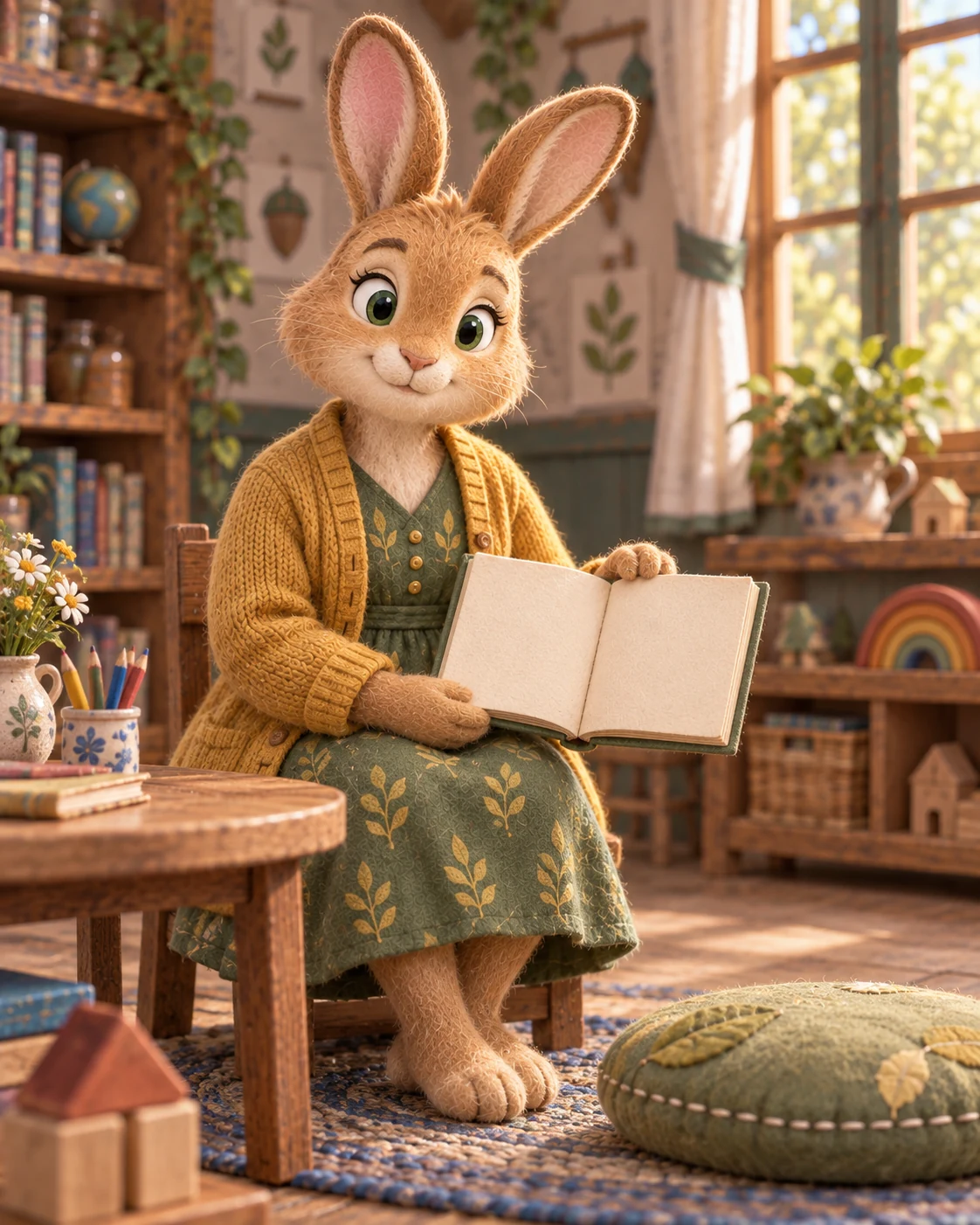 Miss Oakwood, a handcrafted rabbit teacher puppet in a green dress and mustard cardigan, sitting with an open storybook and a quiet cushion
