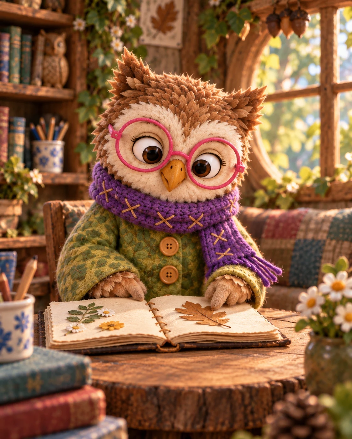 Olive Owl, a handcrafted owl puppet in pink glasses, a green coat and purple knitted scarf, exploring a pressed-leaf storybook