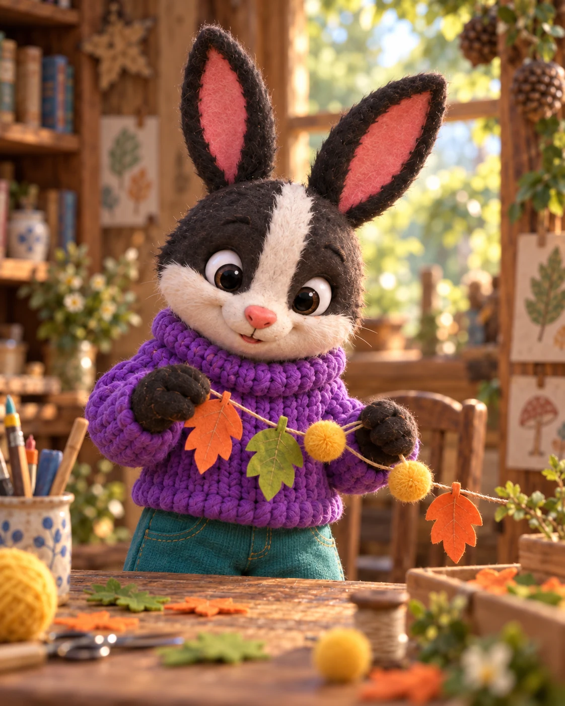 Roux Rabbit, a handcrafted black-and-white rabbit puppet in a purple knitted jumper, making a garland of colourful felt leaves