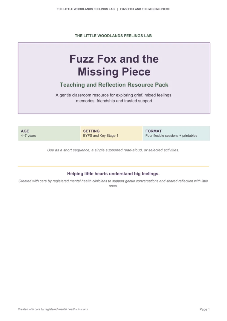 First page of the Fuzz Fox and the Missing Piece Teaching and Reflection Resource Pack