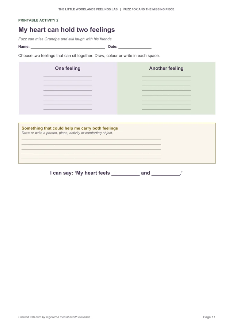 Thumbnail of Printable Activity 2, My heart can hold two feelings