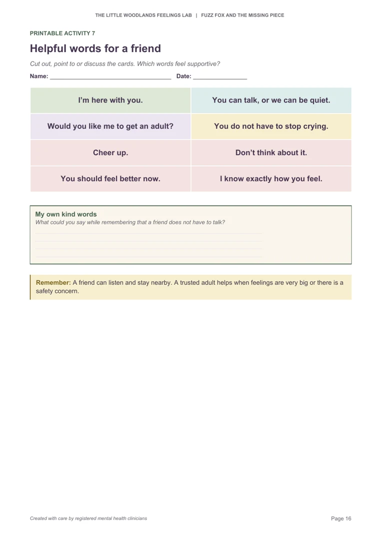 Thumbnail of Printable Activity 7, Helpful words for a friend
