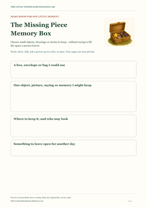 Preview of The Missing Piece Memory Box, with illustrations and activity guidance