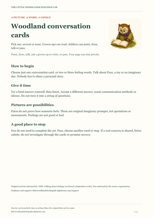 Preview of Woodland Conversation Cards, with illustrations and activity guidance