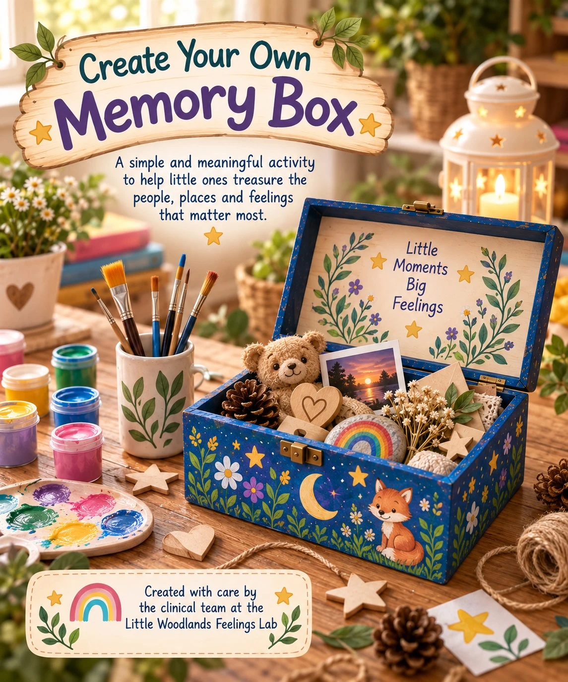 Create Your Own Memory Box inspiration poster, showing paints, keepsakes and a decorated box; the poster wording is provided beside it