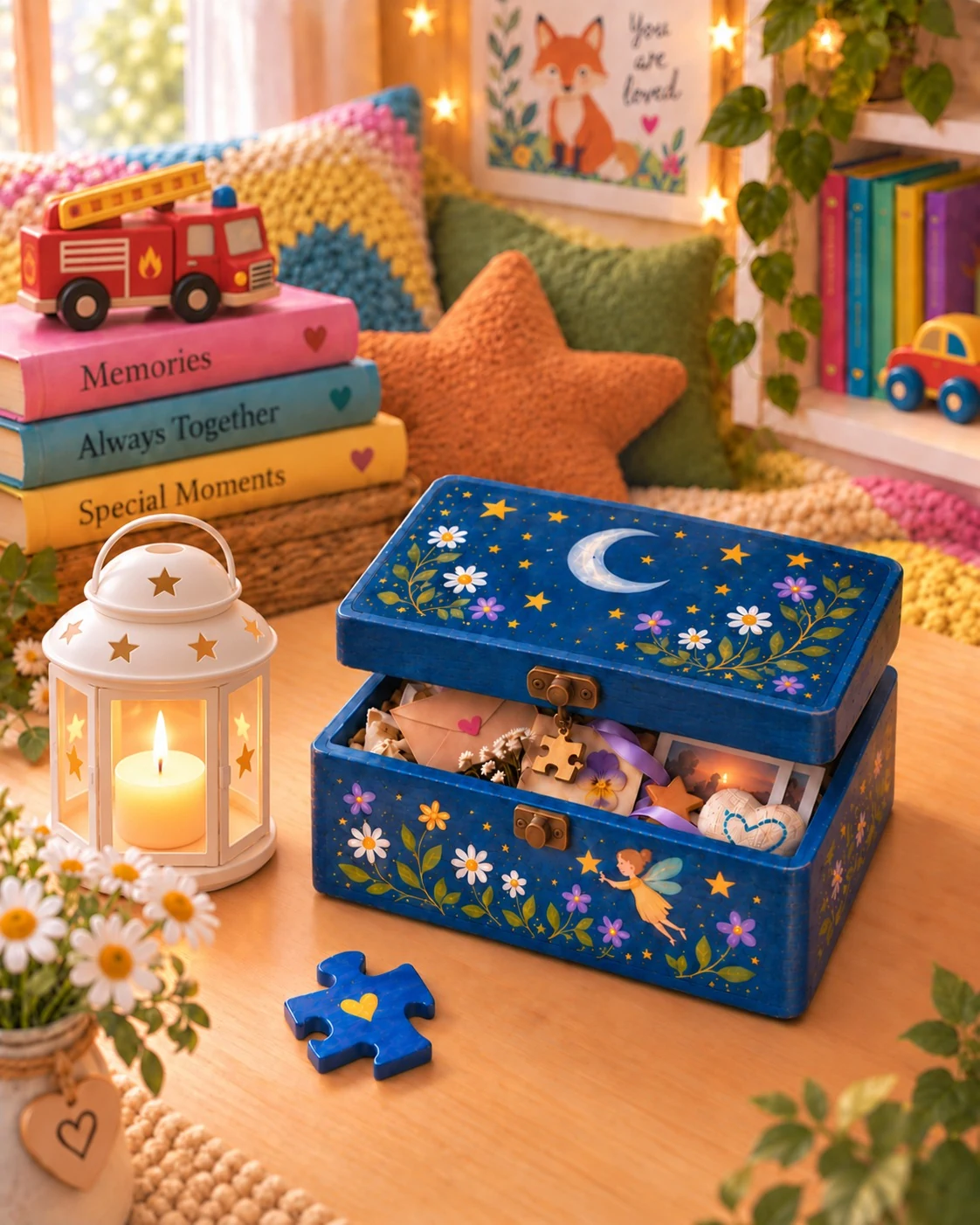 A blue memory box decorated with moons and flowers, holding small keepsakes in a cosy reading corner