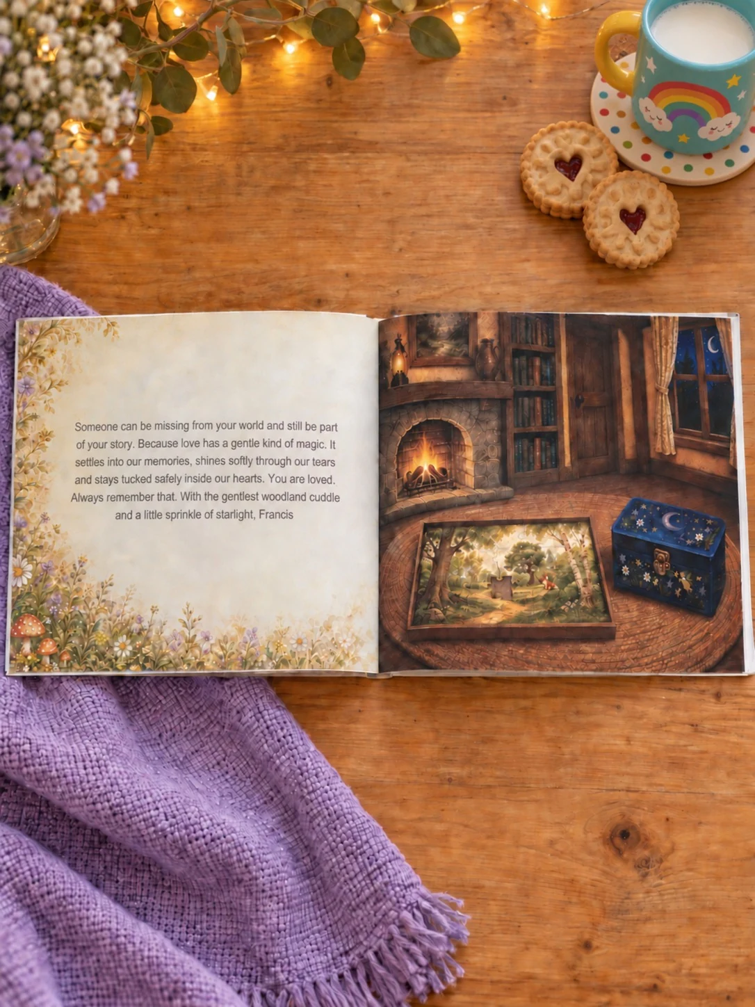 An open spread from The Missing Piece, with the passage reproduced beside it and an illustration of a cosy hearth, puzzle and memory box