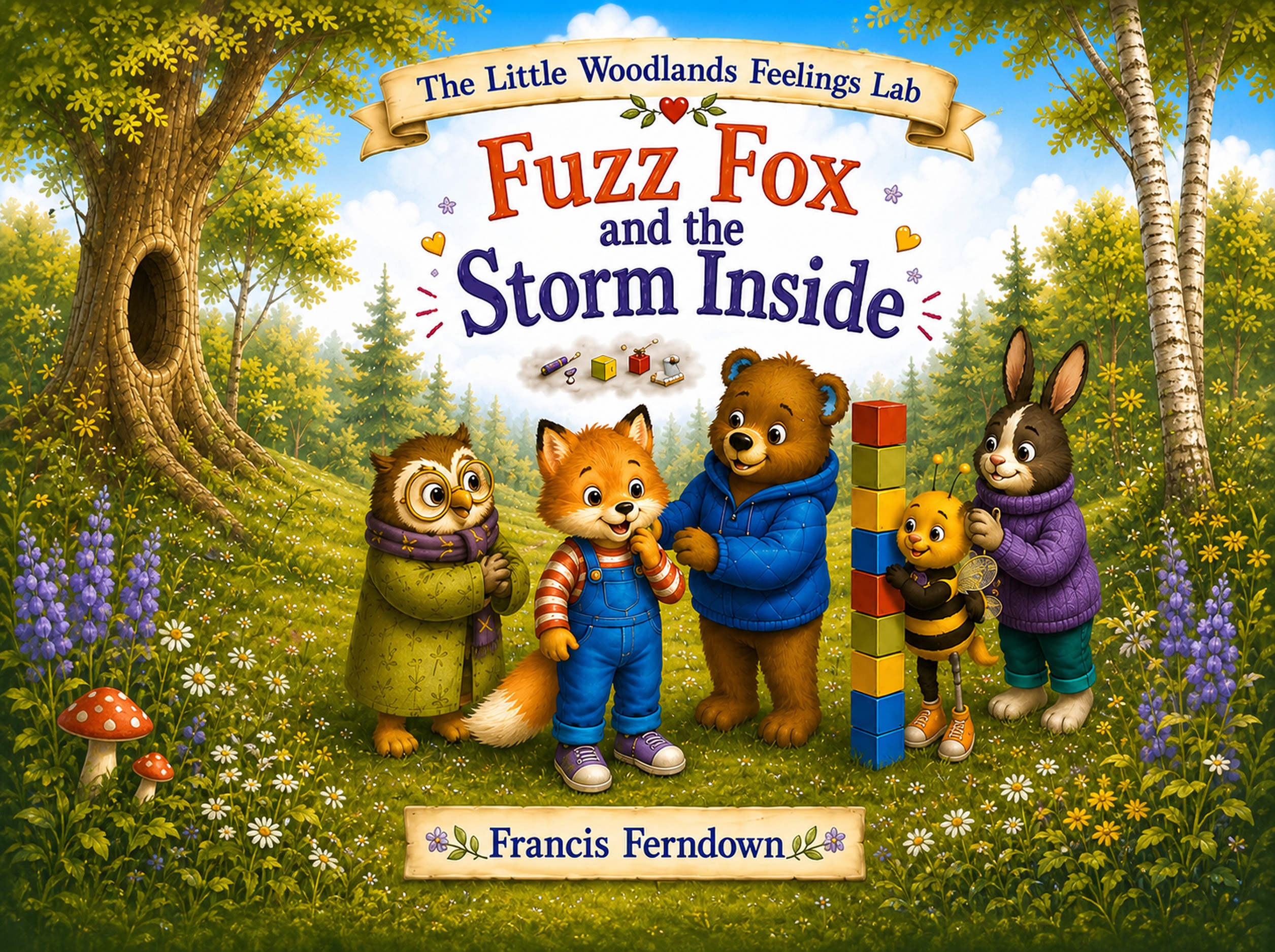 Cover of Fuzz Fox and the Storm Inside by Francis Ferndown, showing Fuzz and his woodland friends beneath a rain cloud