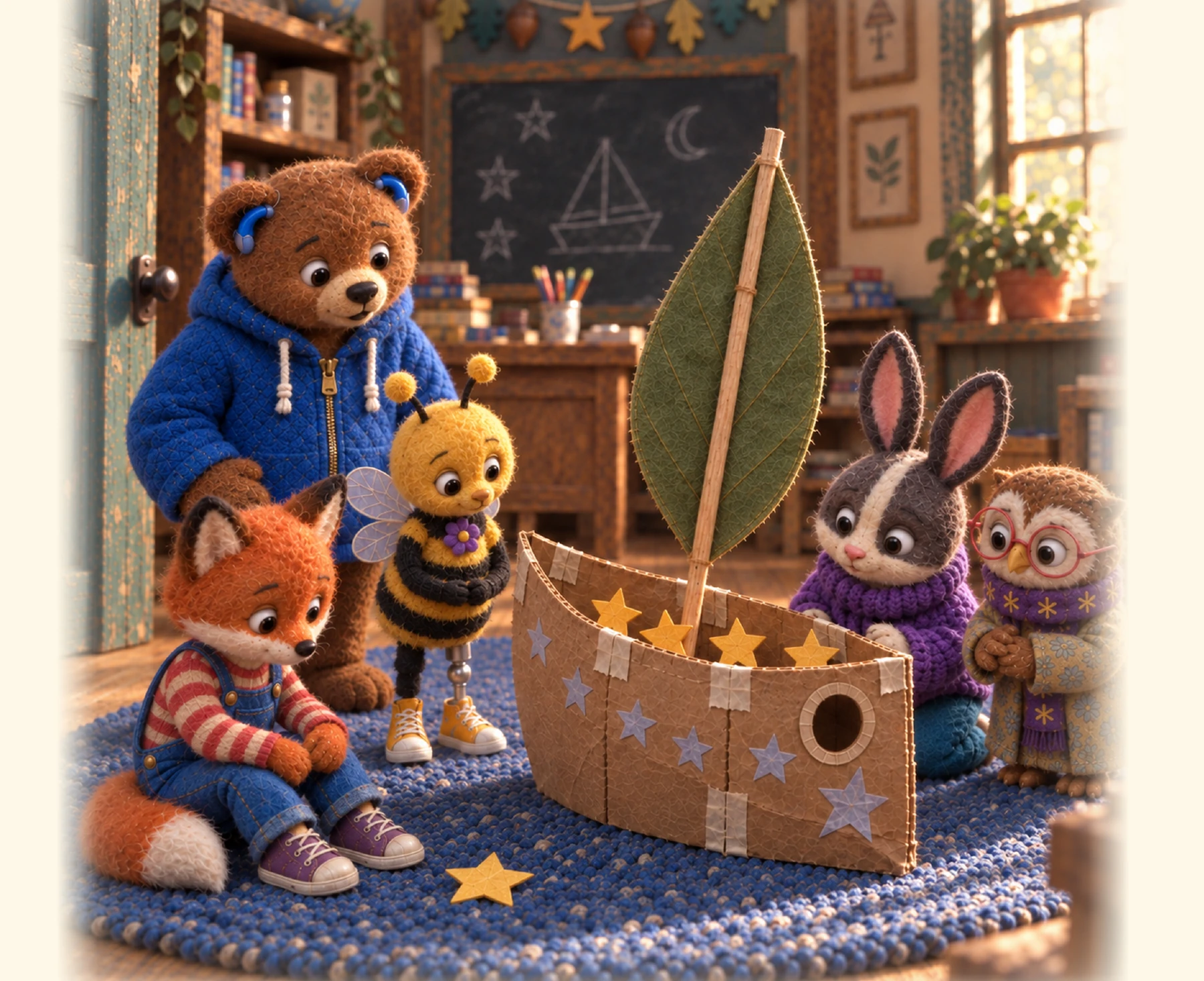 Fuzz and his woodland friends sailing together through a starry sky in their cardboard moonboat