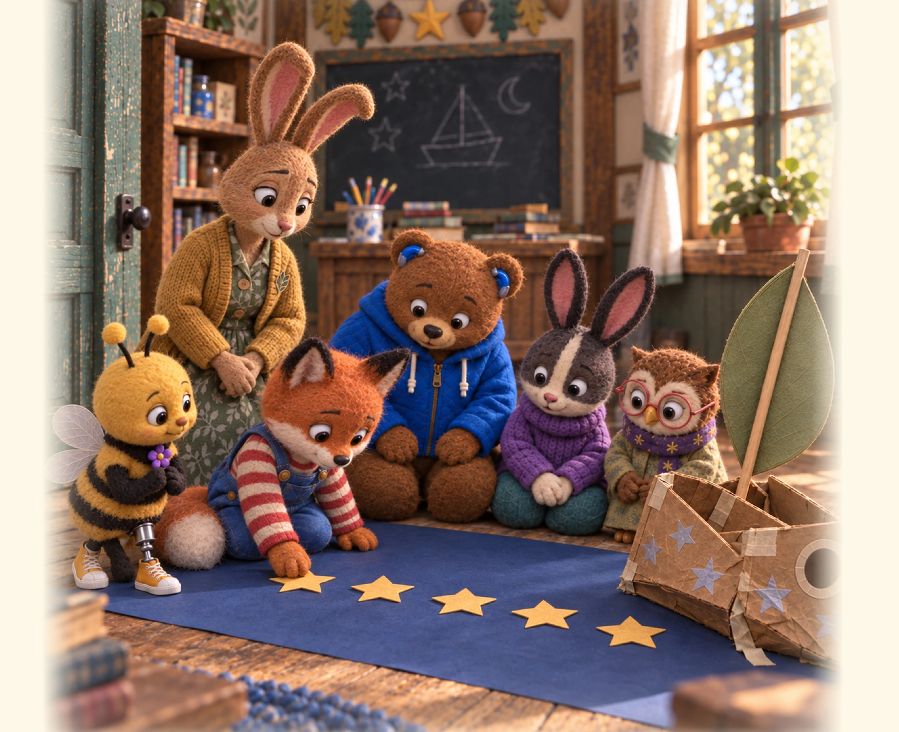 Fuzz, Berty, Belle, Roux, Olive and Miss Oakwood pausing beside their cardboard moonboat and a path of golden stars