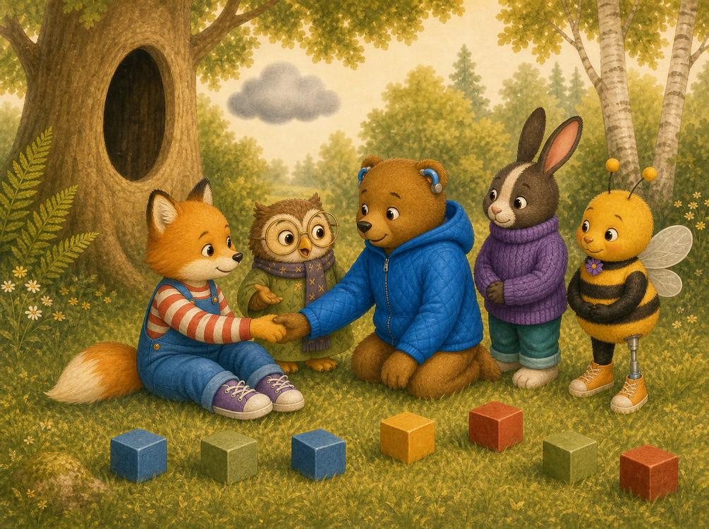 Berty Bear in a blue jacket with blue hearing aids, kneeling with Fuzz and their woodland friends