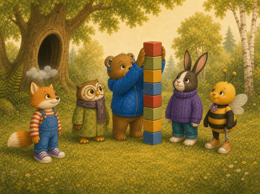 Fuzz and his woodland friends rebuilding together beneath the old oak