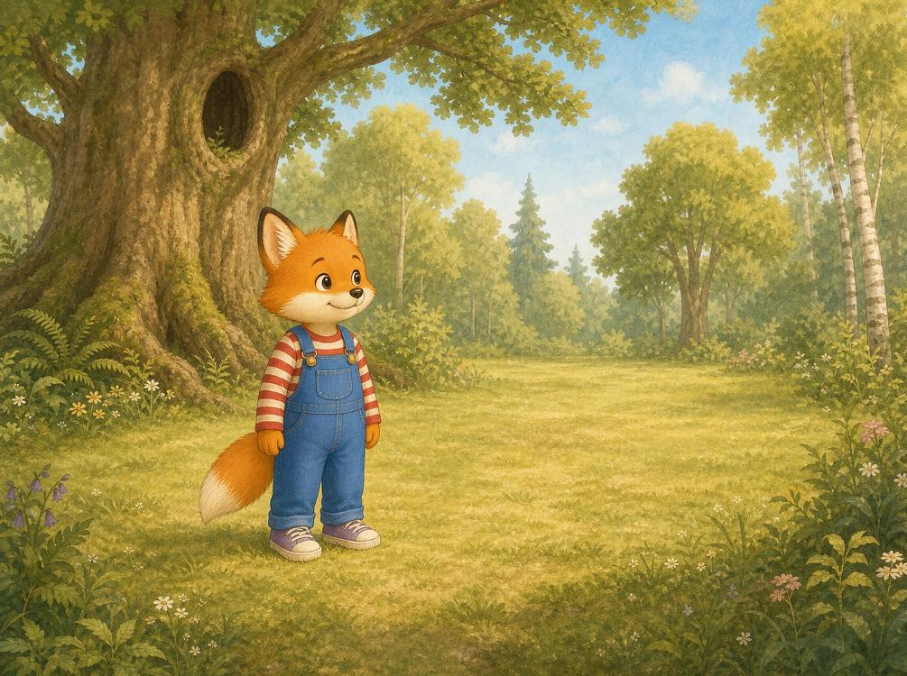 Fuzz Fox in blue dungarees, a red-and-cream striped top and purple trainers, standing beneath an old woodland tree