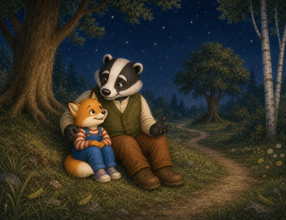 Fuzz Fox sitting under the stars with Grandpa Badger