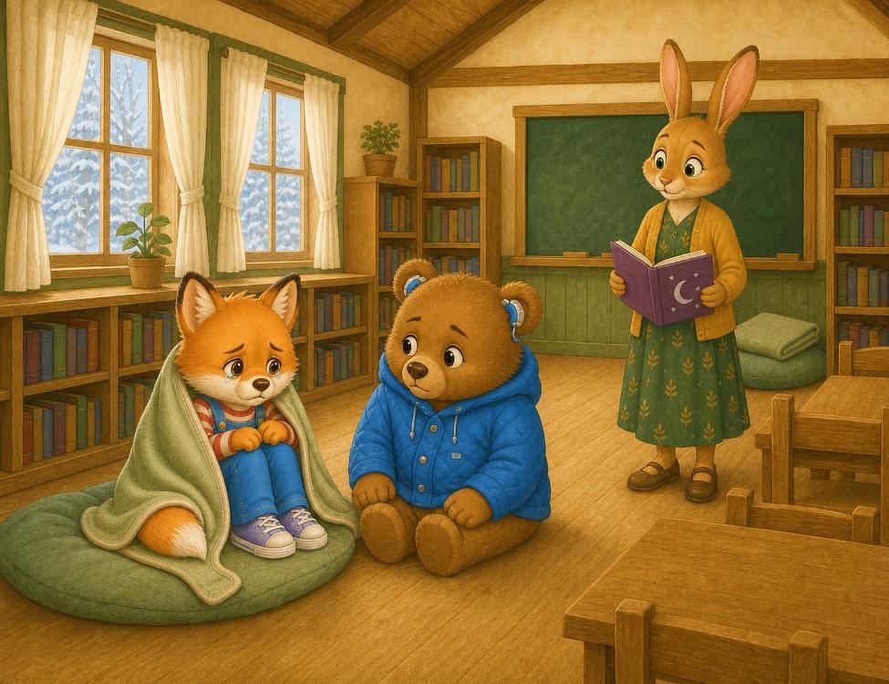 Fuzz resting beneath a blanket in Miss Oakwood’s classroom while Berty sits beside him