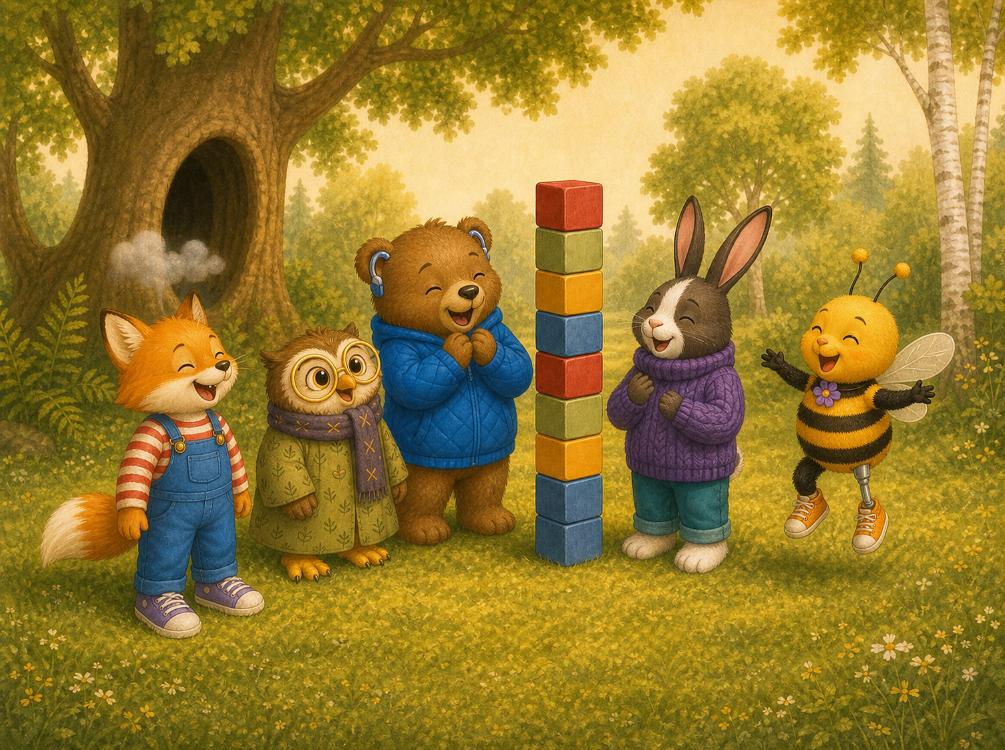 Bell Bee smiling with her woodland friends, wearing orange trainers and a visible prosthetic leg