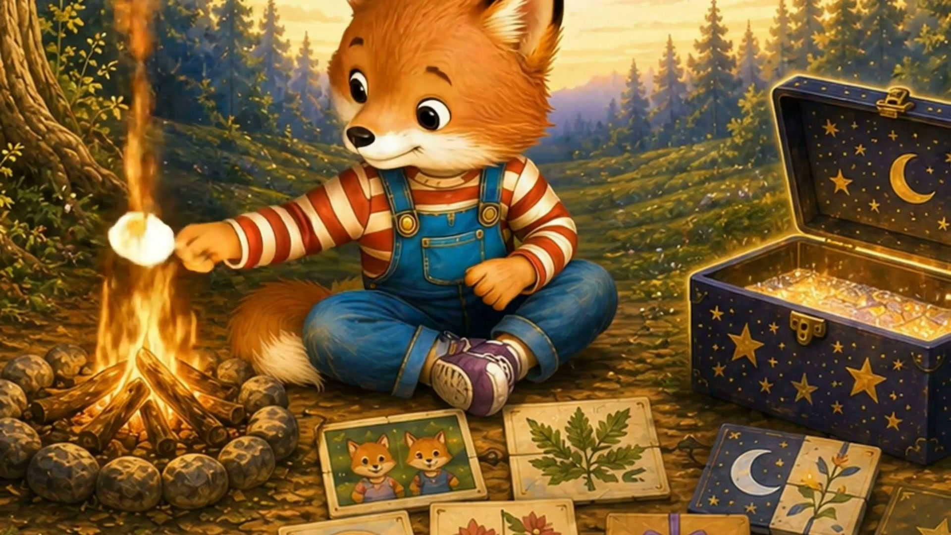 Fuzz Fox beside a softly glowing woodland campfire beneath the stars