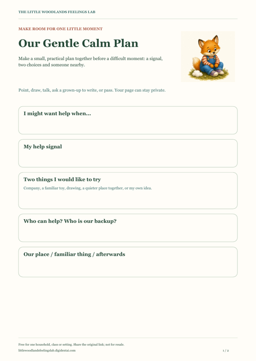 Preview of Our Gentle Calm Plan, with illustrations and activity guidance