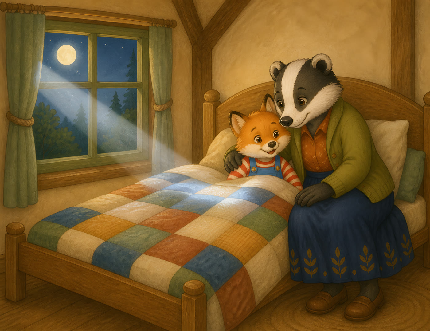 Meg, an adult badger in a green cardigan, listening to Fuzz at bedtime beneath his patchwork quilt