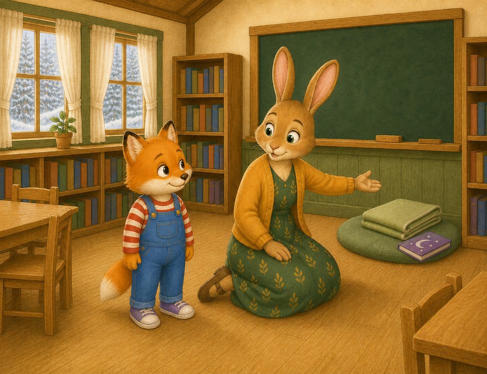 Miss Oakwood, a rabbit teacher in a green dress and warm cardigan, showing Fuzz a quiet classroom corner with a cushion and blanket