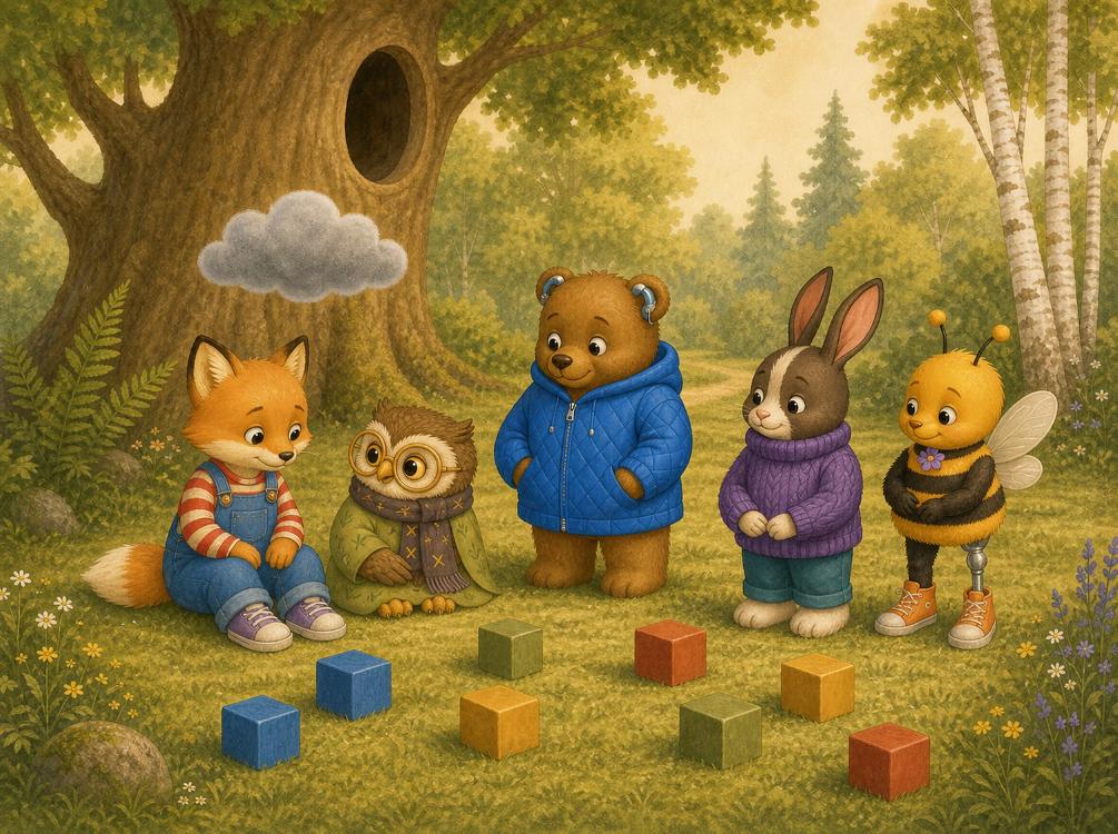 Olive Owl wearing round glasses, a green coat and purple scarf, sitting beside Fuzz and the woodland friends